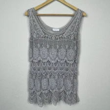 Solitaire by Ravi Khosla Gray Crochet Tunic Top Size M Boho Sleeveless Festival