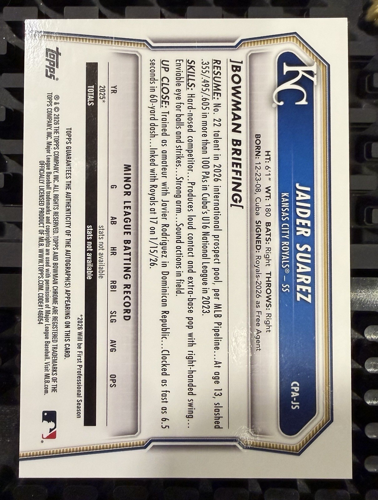 2026 Bowman Chrome - Jaider Suarez Auto /99 True Green Refractor #CPA-JS 1st RC view 2