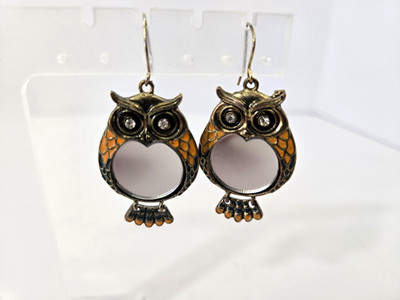 Owl Earrings Pierced Yellow Green Heart Mirror on Trunk Vintage Style