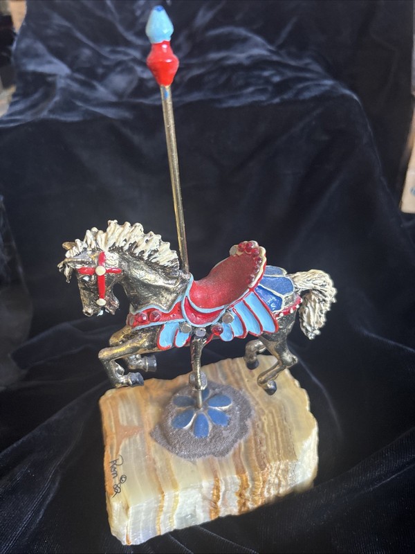 VTG. 1982 Signed Ron Lee Enamel Carousel Horse 24k Gold Over Sculpture-Onyx Base