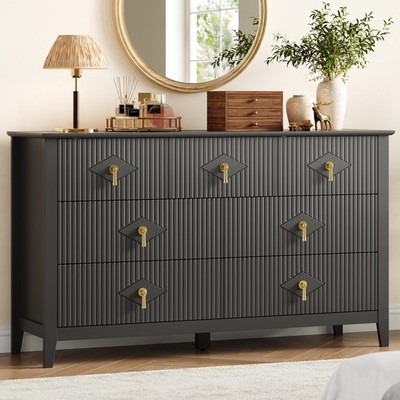 wide modern dresser Youtrend Fluted 6 Drawers Dresser, 55.1 Inch Wide Modern Chest of Drawers with Wood Foot, Dresser TV Stand Up to 65 Inch TV, Wood Drawer Organizer for
