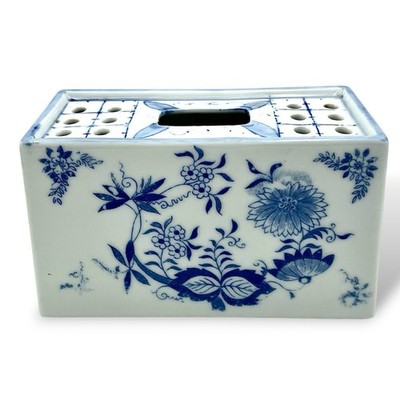 Vintage Porcelain Blue White Floral FLOWER FROG Brick Vase Andrea By Sadek EUC