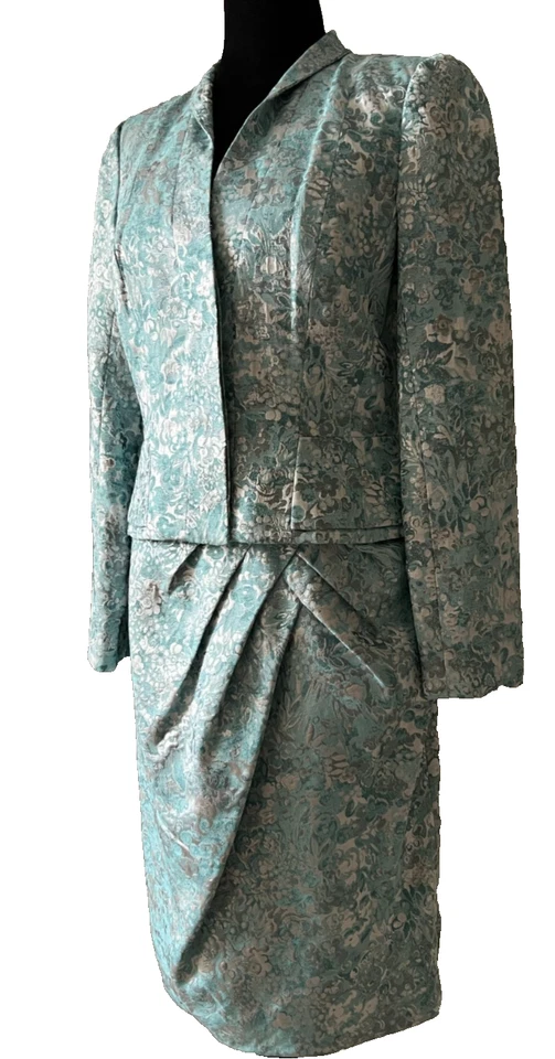 Carmen Marc Valvo 女式夹克和礼服粉蓝色和金属银色 10 码 — 第 3/4 张图片