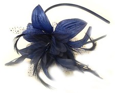 NAVY FLOWER FASCINATOR ON A BLACK HEADBAND, WEDDINGS, RACES, PROM