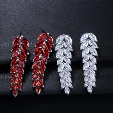 Stunning Red Leaf Cubic Zirconia Long Drop Earrings Silver Plated Bridal Jewelry