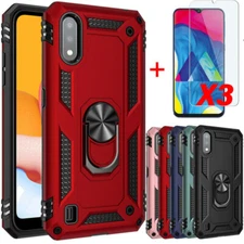 For Samsung Galaxy A10e Ring Case Shockproof Stand Cover + 3 Tempered Glass