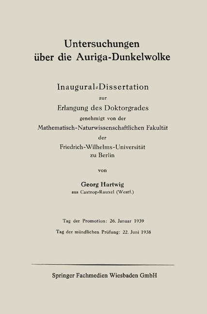 Untersuchungen Über Die Auriga-dunkelwolke | Buch | 9783662313015
