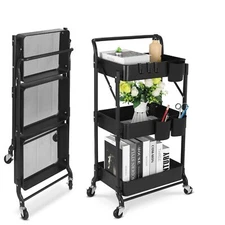 Foldable 3 Tier Metal Utility Rolling Cart Folding Mobile Multifunction Storage 