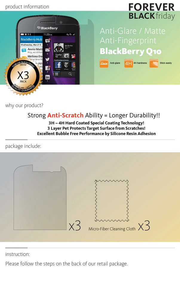 BlackBerry Q10 Screen Protector 3x Anti-Glare Cover Guard - Image 2 of 4