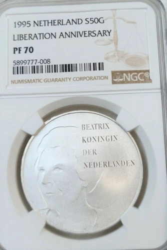 1995 NETHERLANDS SILVER 50 GULDEN LIBERATION ANNIVERSARY NGC PF 70 PERFECT POP 1
