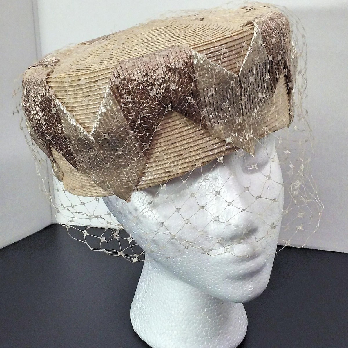 Vintage 1950s Ivory Woven Straw Pillbox Hat with Birdcage Veil and Hat Pin Our new Pillbox birdcage hat is available at  main image 2