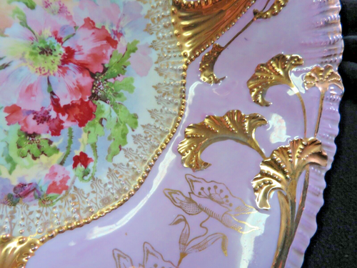 Gilded DARK PINK Hand Painted Porcelain Bowl - Antique Floral Rose, Unmarked LG. - Picture 9 of 14