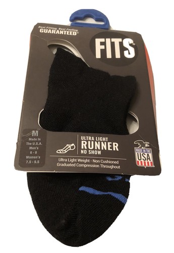 FITS Ultra Light Runner No Show Socks Black with Blue Logo Unisex Sz Med