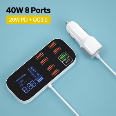 8 Ports Multi USB C Car Charger QC3.0 Type C PD Fast Charging Station For iPhone