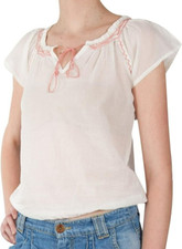 Gypsy Blouse with Embroidered Detail - 100% Light Cotton - White - Size S UK 8