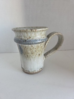 Handmade Studio Pottery 10 Oz Mug With Speckled Rustic Design And Blue Stripe