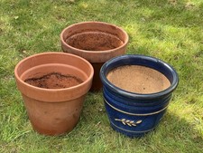 Set of 3 large terracotta and blue ceramic plant pots, 30 cm tall 36 cm diameter