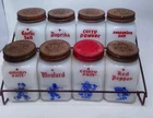 Vintage Milk Glass Spice Jar Set w/ Rack 1940s McKee Hazel Atlas Dutch Motif
