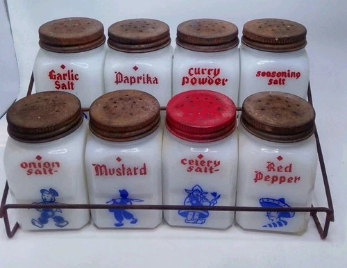 Vintage Milk Glass Spice Jar Set w/ Rack 1940s McKee Hazel Atlas Dutch Motif