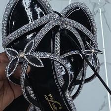 Women  s Black Silver Rhinestone Strappy Slip-On Sandals Solid Party Summer