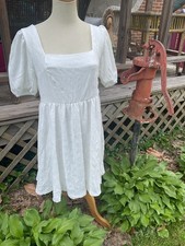 SHEIN MOD WHITE SEXY MINI DRESS L.PUFF SLEEVES SQUARE NECK STRETCHY 36” chest