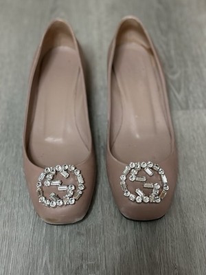 Gucci Nappa Crystal Interlocking G Low Heel Pumps Pink/Nude Leather Sz EU 35.5