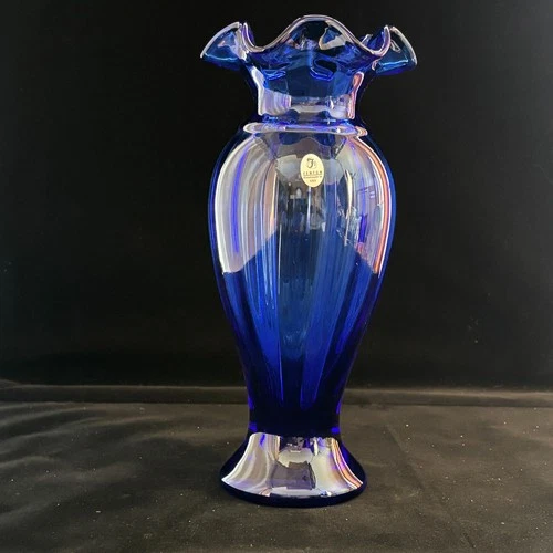 Fenton Cobalt Blue Ruffled Glass Vase 10.5" Tall Handmade in USA 3240-KN