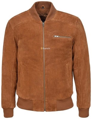 70's Men's Real Leather Jacket Tan Suede Retro Bomber Classic Biker Style