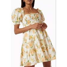 Faithfull the Brand Floral Linen Smocked Puff Sleeve Mini Dress XS Cottagecore