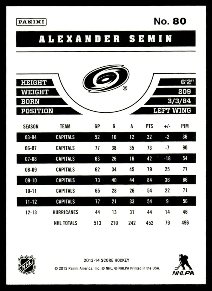 2013-14 Score Gold Alexander Semin Carolina Hurricanes #80 - Image 2 of 2