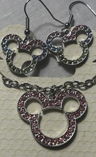 New Disney Parks Mickey Icon Rhinestone Necklace  Matching Rhinestone Earrings