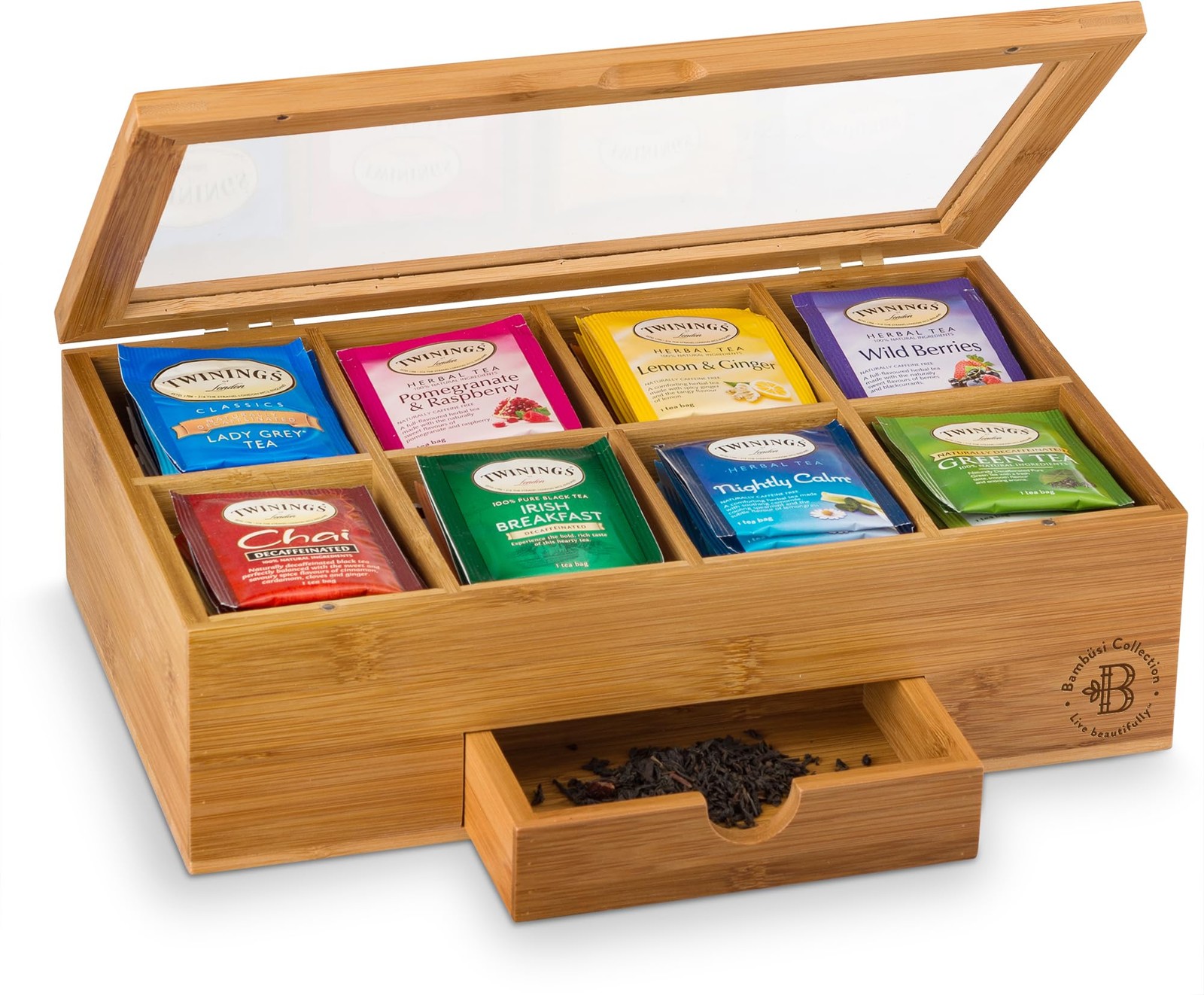 Bag Organizer - Bamboo Tea Box Storage With Drawer & Acrylic