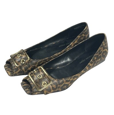 Etienne Aigner Slip On Shoes Women s Size 7.5 Med. Leopard Print Peep Toe Buckle