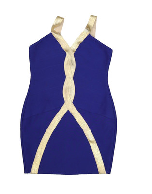 Venus Dress Womens Large Blue Gold Bandage Bodycon Strappy Party Rayon Blend