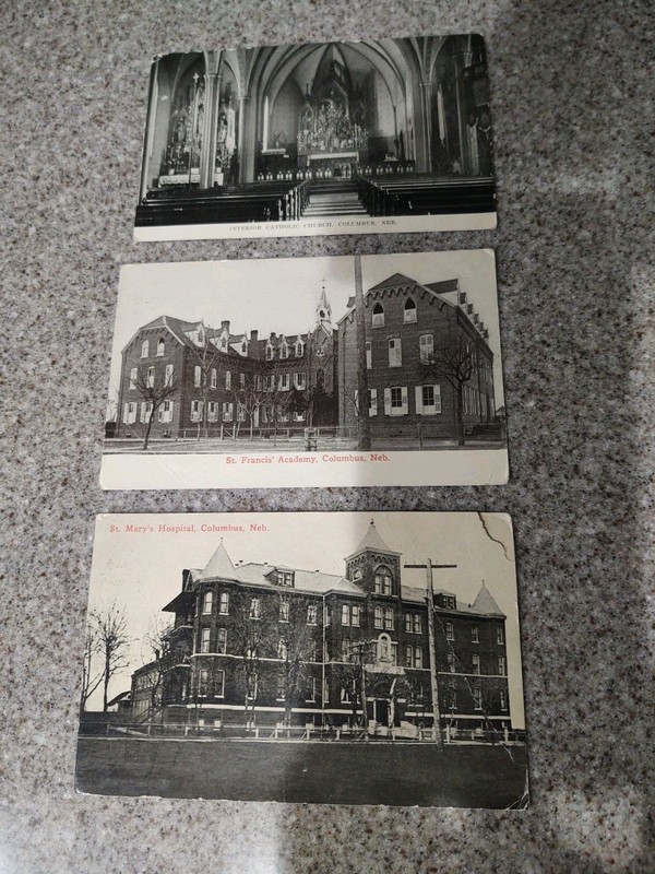 3 Columbus Nebraska Hospital, Academy, Church Antique Vtg Souvenir Postcard Used
