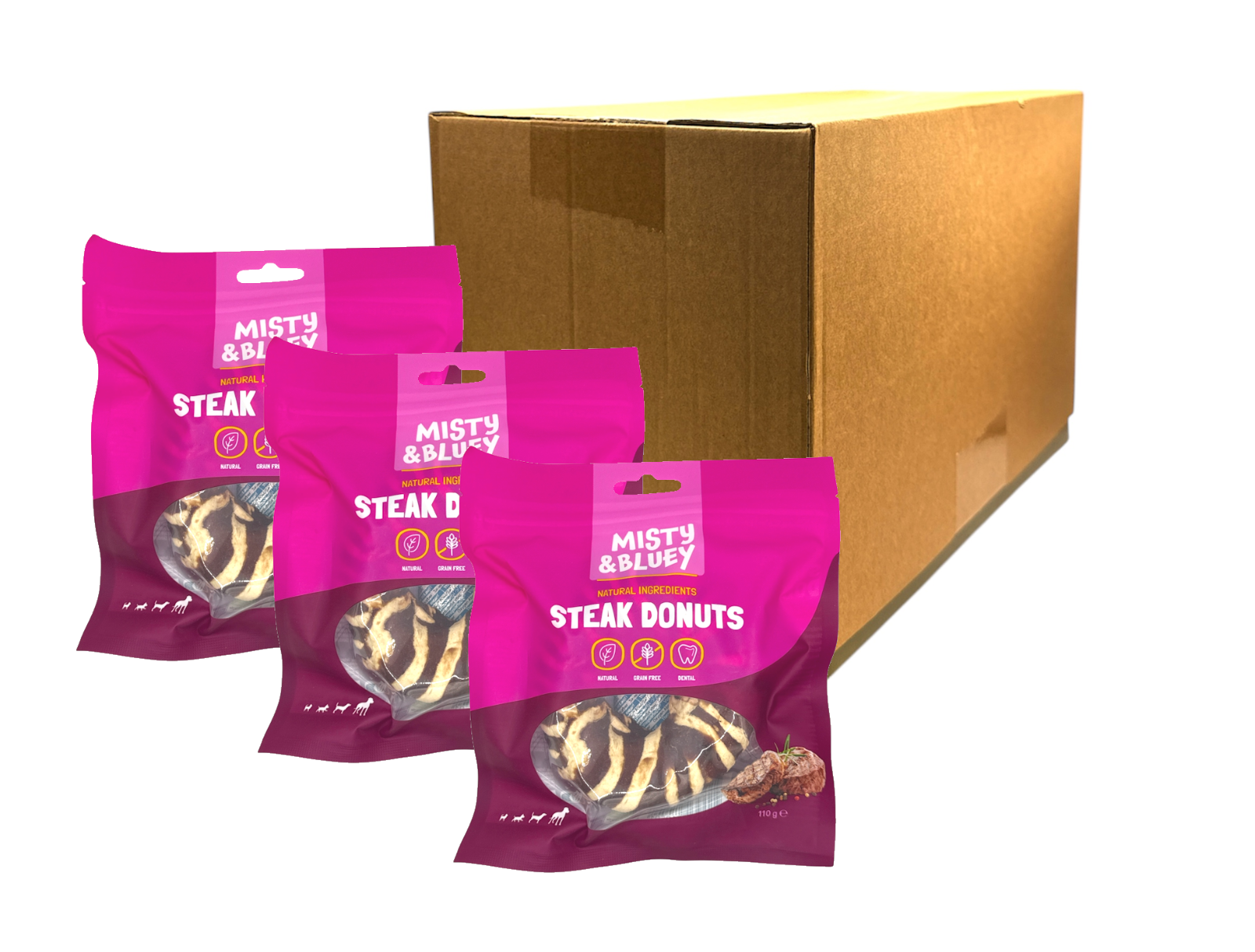 MISTY & BLUEY NATURAL STEAK DONUTS GRAIN FREE DOG CHEW TREATS 110G CASE OF 8