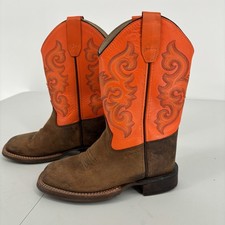 Old West Cowboy Boots Youth Size 13.5 Brown Orange Western Square Toe Kids Rodeo
