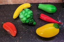 Lot of 6 Murano Style Glass Vegetables Fruit Hand Blown Vintage Bright Glass