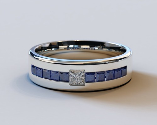 Conjunto de canales de 1,10 TCW simulado zafiro azul y diamante de laboratorio alianza de boda para hombre” - Imagen 2 de 5