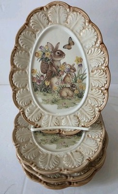 4  Vtg CRACKER BARREL ''Easter Traditions'' SALAD DESSERT PLATES Egg Shaped Oval 