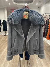 Gray Merino Lamb Shearling Moto Jacket Detachable Blue Silver Fox Fur Collar M