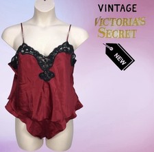 NWT VTG VICTORIA SECRET Deep Red SATIN Black Lace Pajama Set Cami Set Lingerie