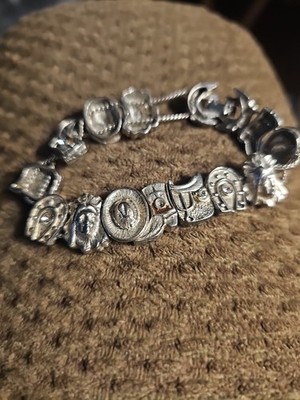 Vtg Charm Bracelet Country Western Style Horseshoe Boot Hat Indian Head Saddle
