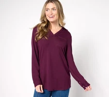 Denim & Co. Women's Top Sz XL Heavenly Jersey Split Neck Long Purple A678855