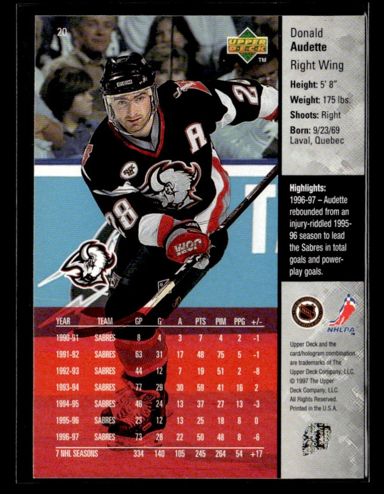 1997-98 Upper Deck Donald Audette #20 - Image 2 of 2