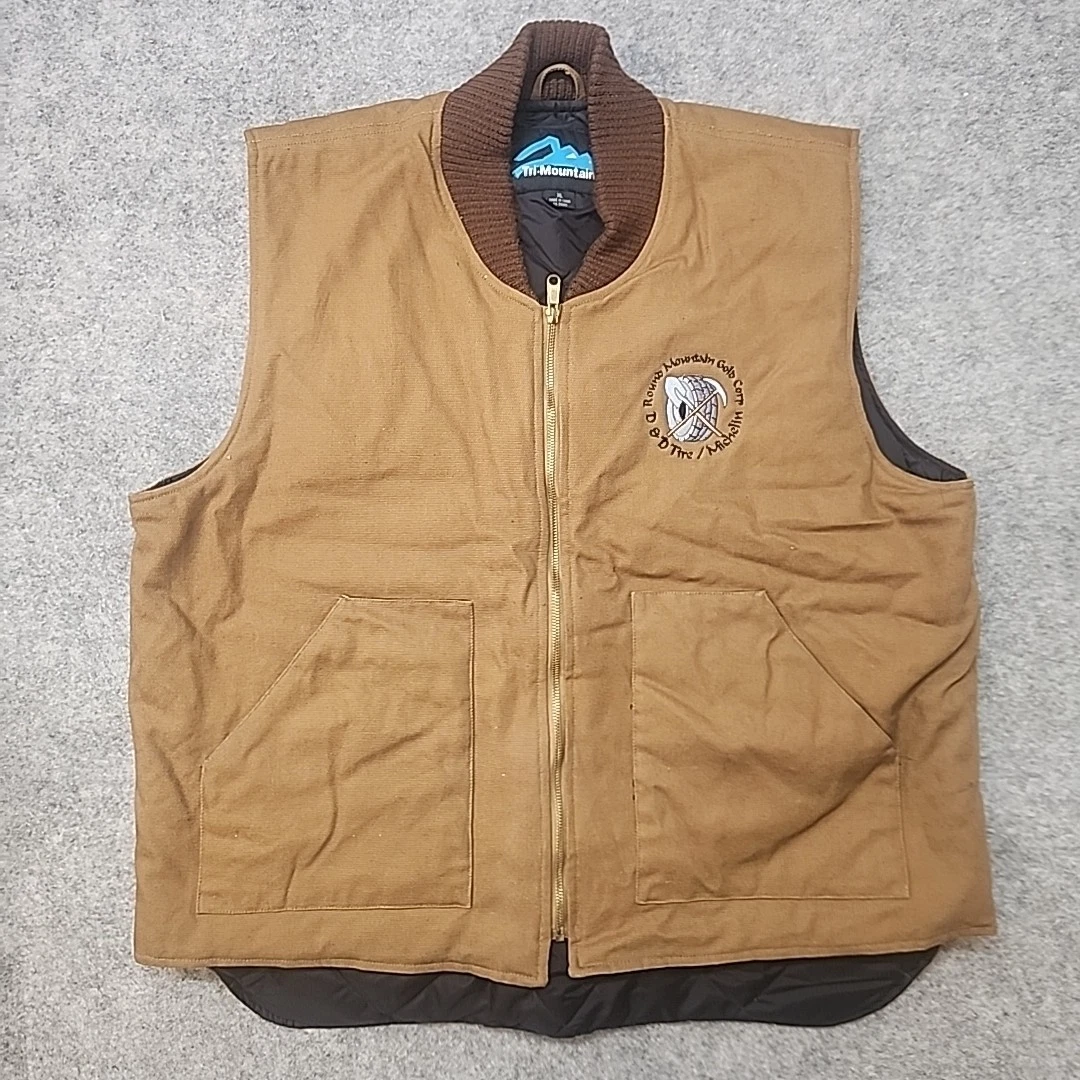 Tri Mountain Quilted Lined Work Vest Tan Full Zip Embroidered Logo Mens XL
Opens in a new window or 