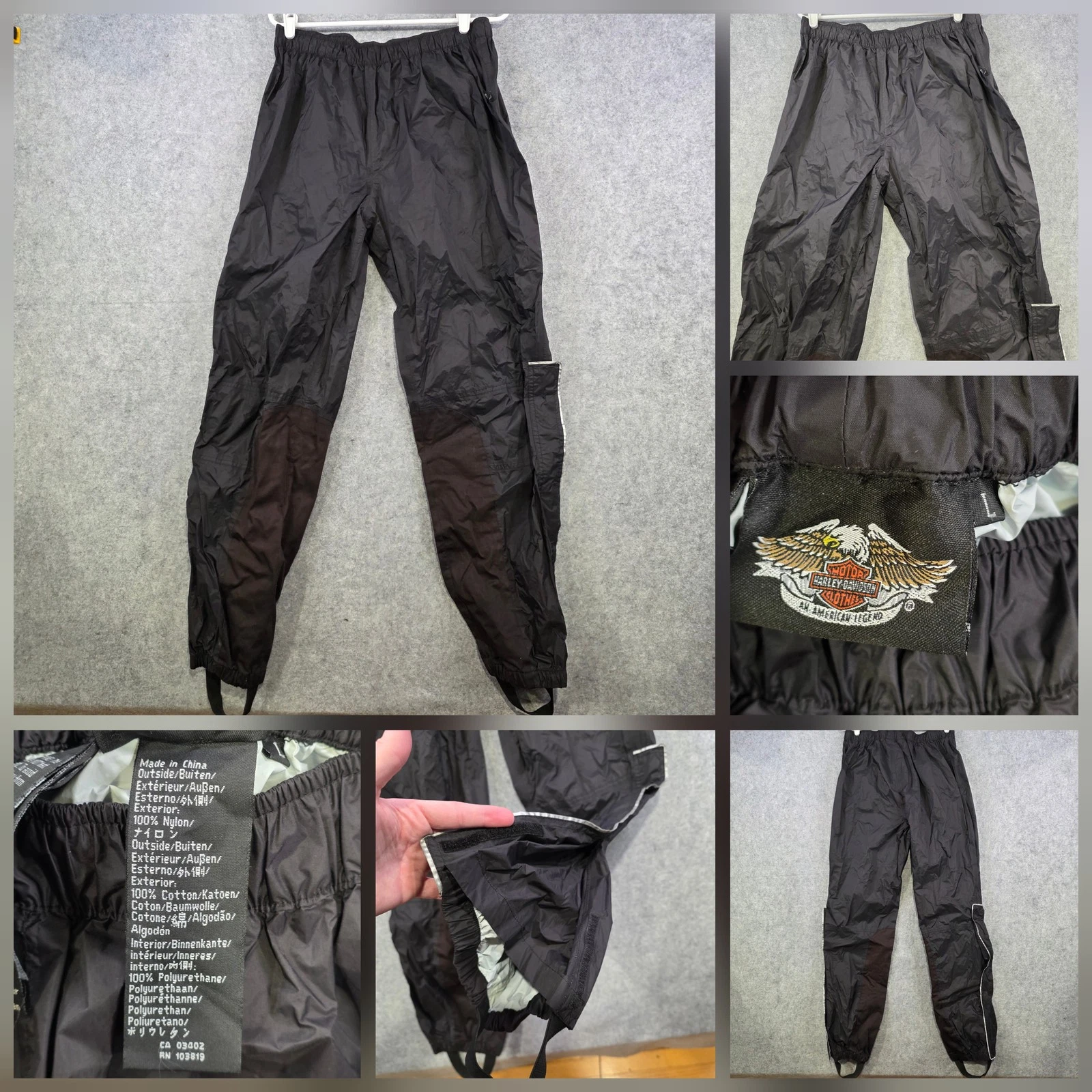 Harley Davidson Rain Pants Mens Large Black Waterproof Reflective Stirrup Moto