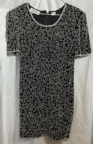 Laurence Kazar Vintage Glass Beaded Cocktail Dress 100% SILK Size Petite Small - Picture 2 of 8
