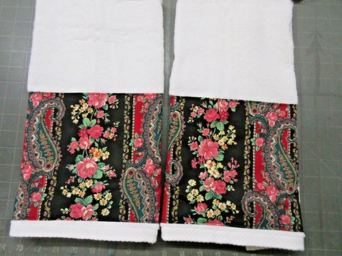 Juego de 2 toallas de mano blancas decoradas a medida con tela de diseñador FLORAL NEGRA - Imagen 3 de 3