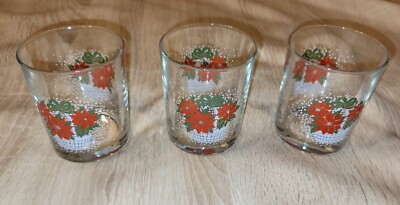Vintage Luminac Double Old Fashioned Drinking Glasses Set Of 3 Poinsettia Basket